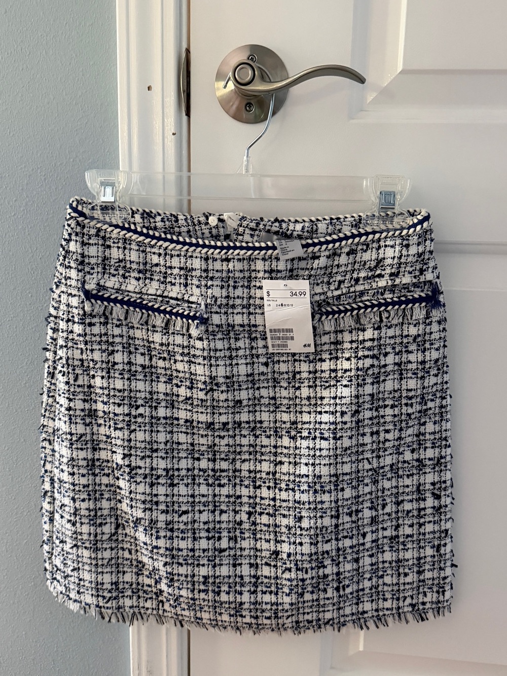H&M black and White Tweed Mini Skirt with Fringe Trim